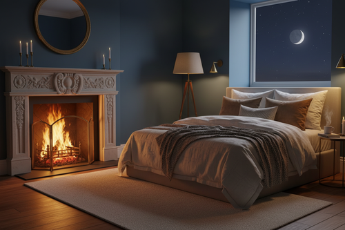 sleeping in bedroom cozy room fire place