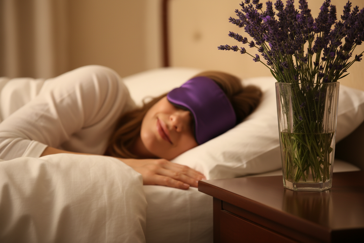 woman in the bed with the shades on her eyes, peaceful night rest, lavender bouquet in the vase on the night stand, come up on the face and the night stand mostly