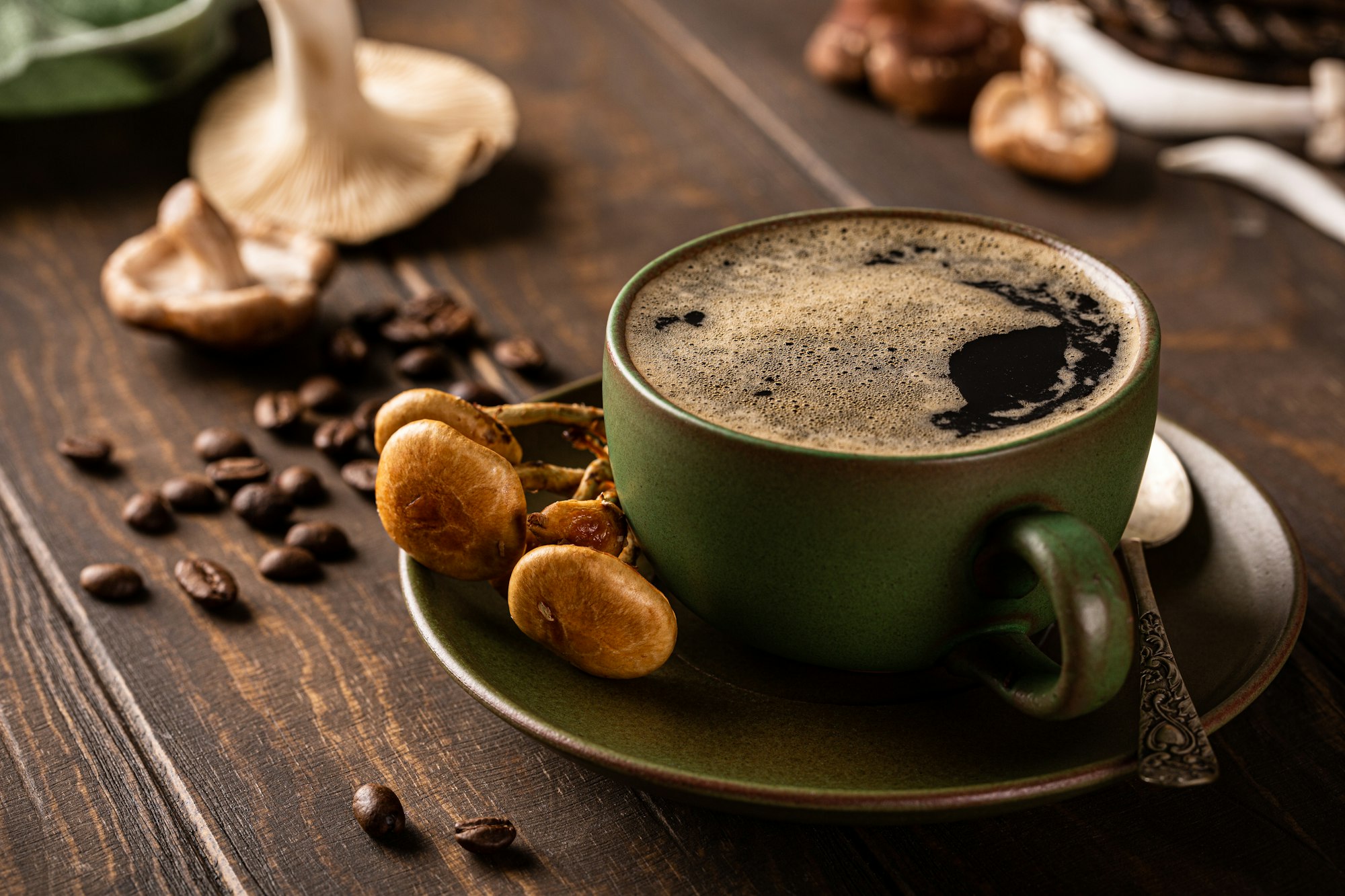 Mushroom coffee in green cup