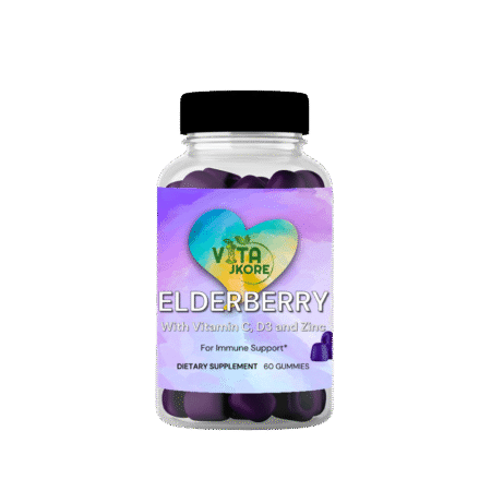 Bottle of Elderberry Gummies with Vitamin C Zinc D₃ – berry flavored immune support gummies.