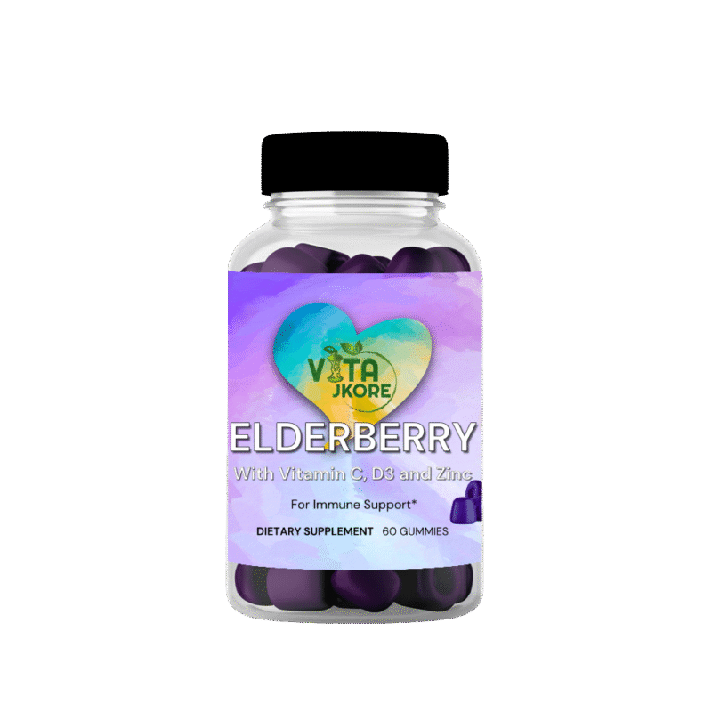 Bottle of Elderberry Gummies with Vitamin C Zinc D₃ – berry flavored immune support gummies.