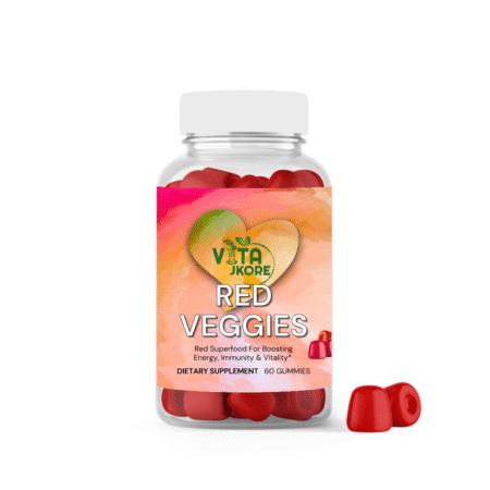 Red Veggies Gummies bottle with beetroot, turmeric, spirulina icons – superfood energy & immunity support